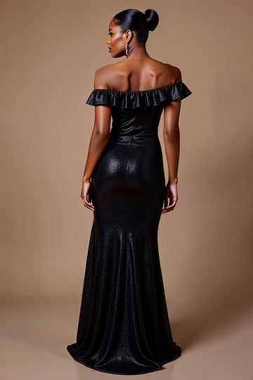 Sparkly Black Off the Shoulder Sequin Long Formal Dress with Slit